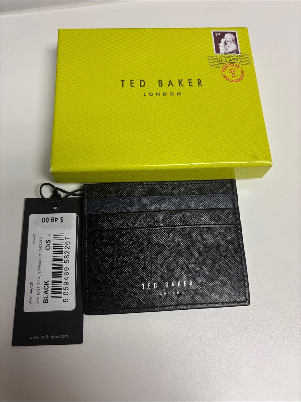 NWT Ted Baker Saffiano Black and Navy Leather Card Holder